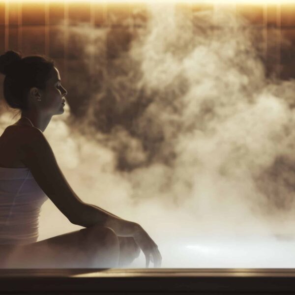 woman sitting in a sauna, with steam rising around her