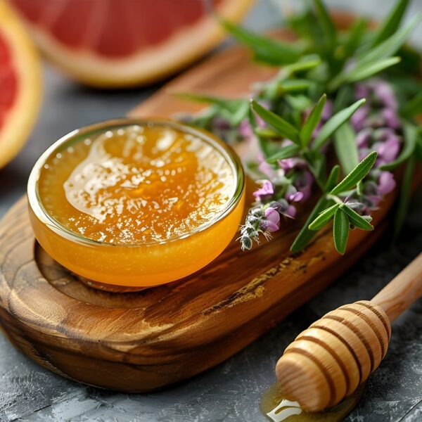 Honey infused face mask and scrub displayed with fresh honey and herbs promoting natural skincare and wellness  Copy space available for product concept or advertisement