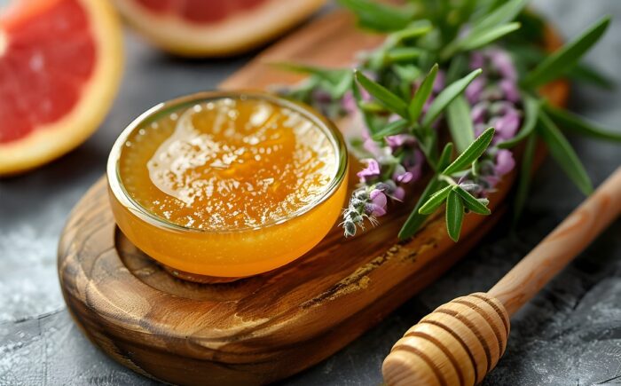 Honey infused face mask and scrub displayed with fresh honey and herbs promoting natural skincare and wellness  Copy space available for product concept or advertisement